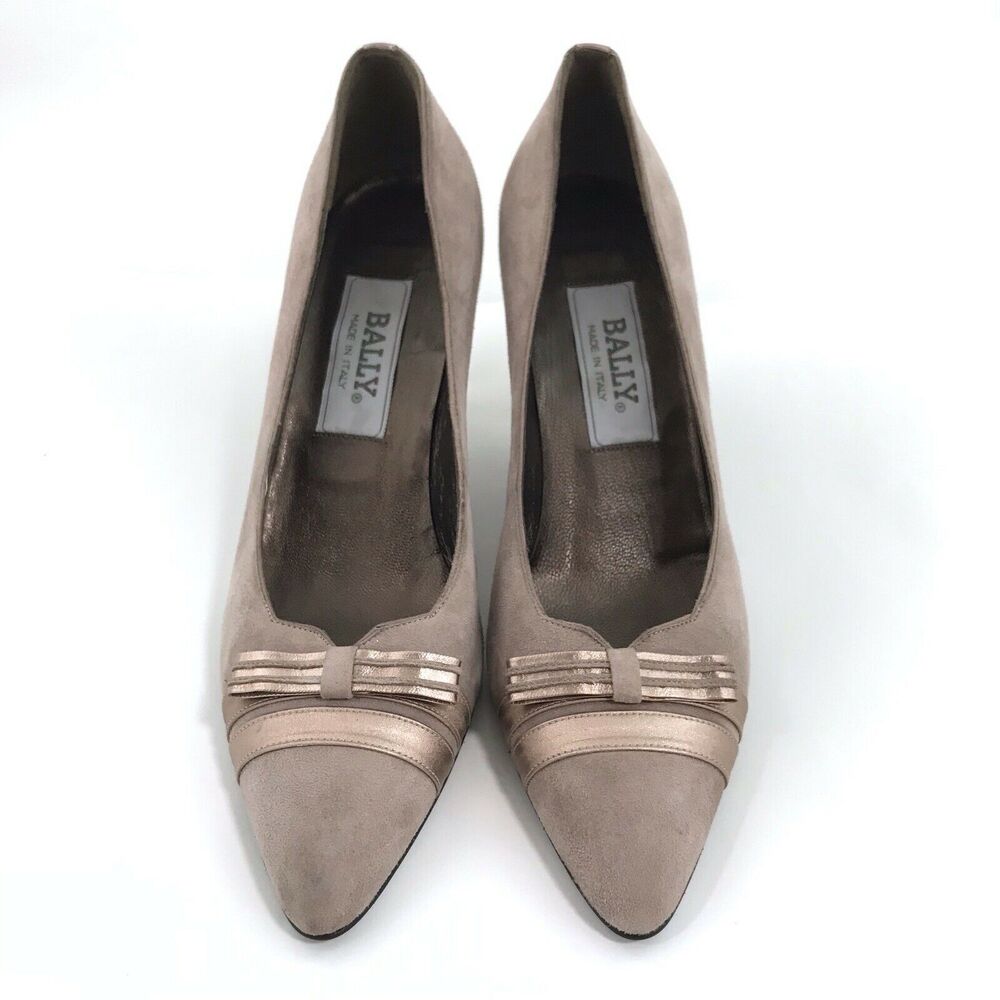 Bally Italy Suede Pumps‎ Taupe Rose Gold Slip On Heels Bow Womens Size 8N - Picture 3 of 11